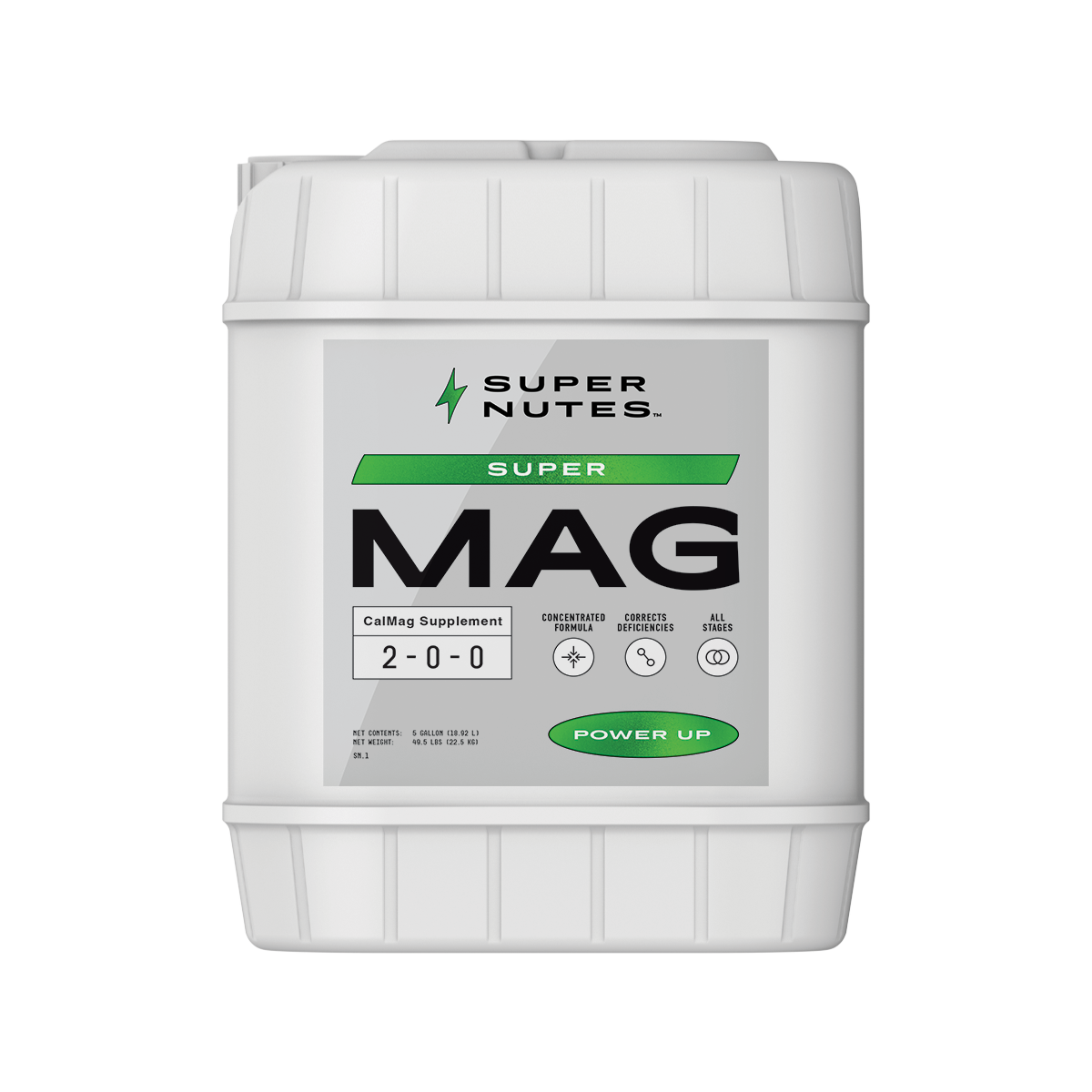 A 5-gallon container of Supernutes Super Mag, a nutrient management product for plants.