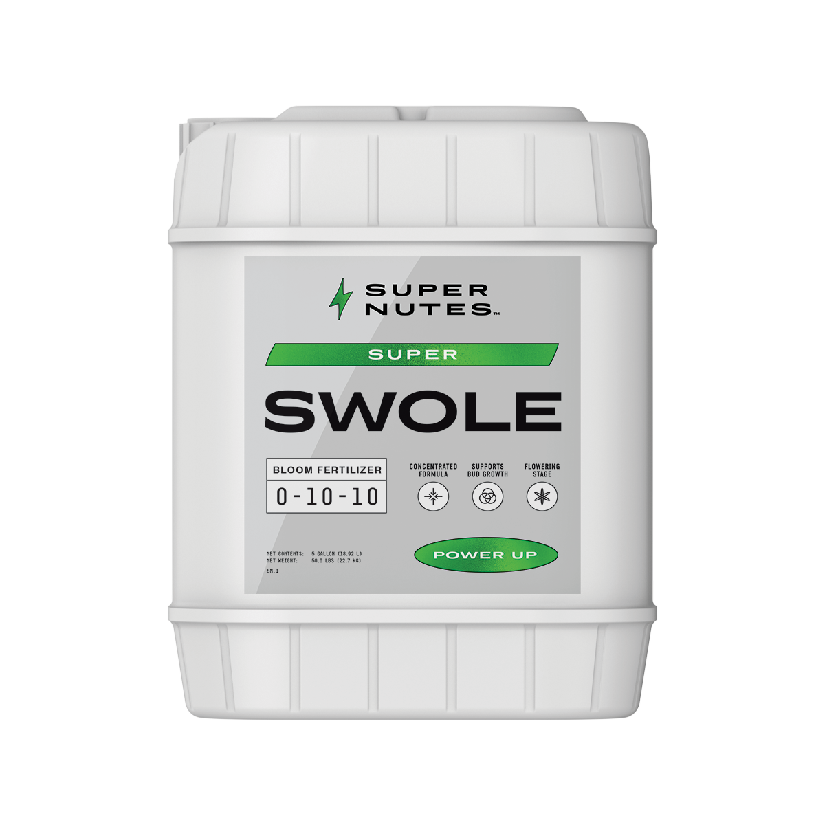 A 5-gallon container of Supernutes Super Swole fertilizer with a white label, primarily designed for the flowering stage of plant growth.