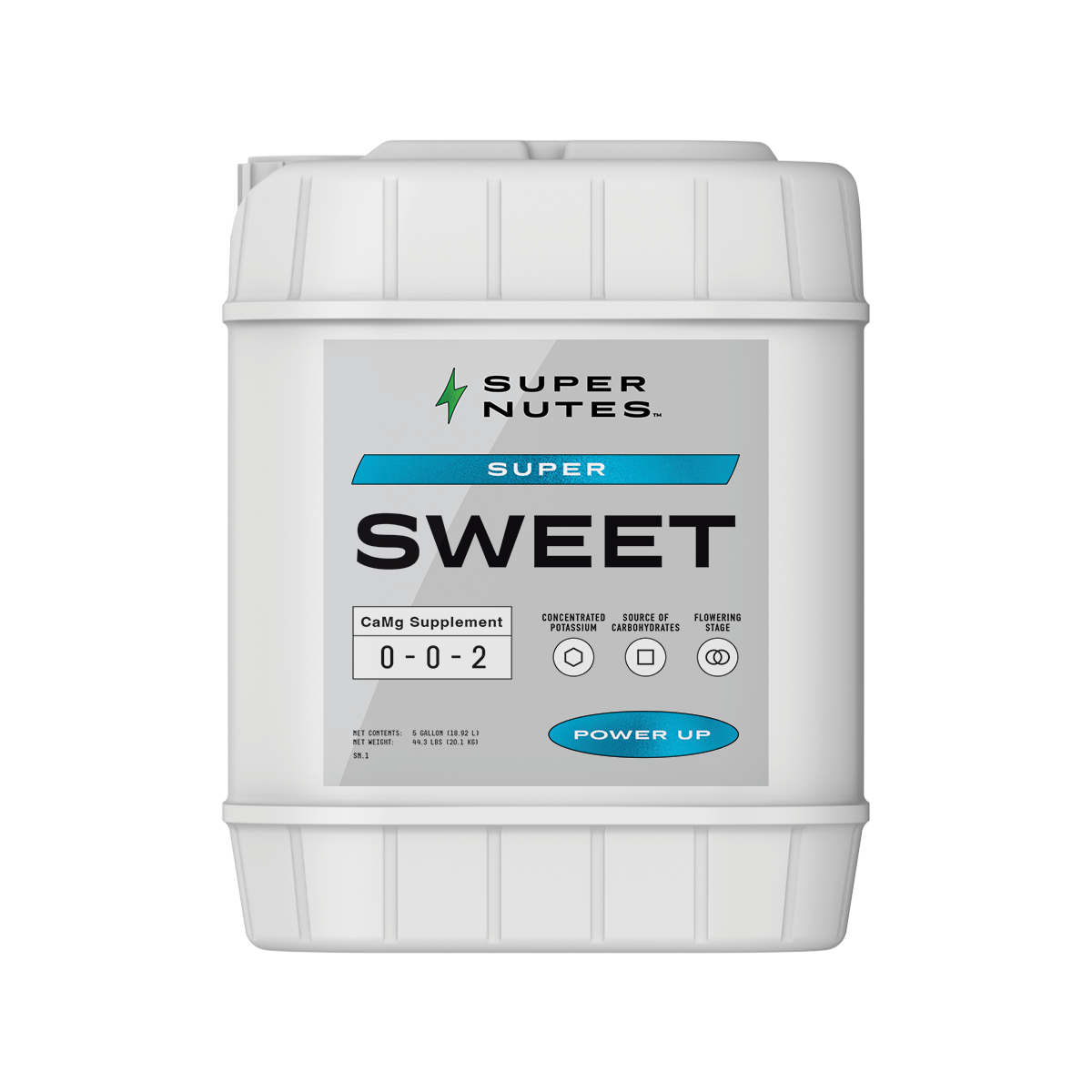 A 5-gallon container of Supernutes Super Sweet, a liquid fertilizer designed for professional use in gardening.