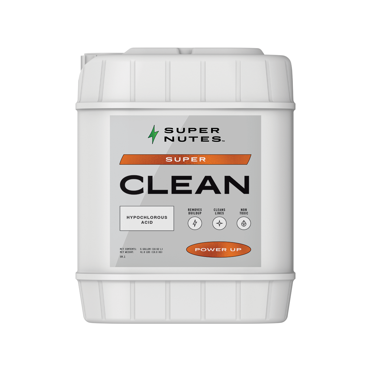 A 5-gallon container of Supernutes Super Clean, a mild acid solution for removing mineral buildup in hydroponic systems.
