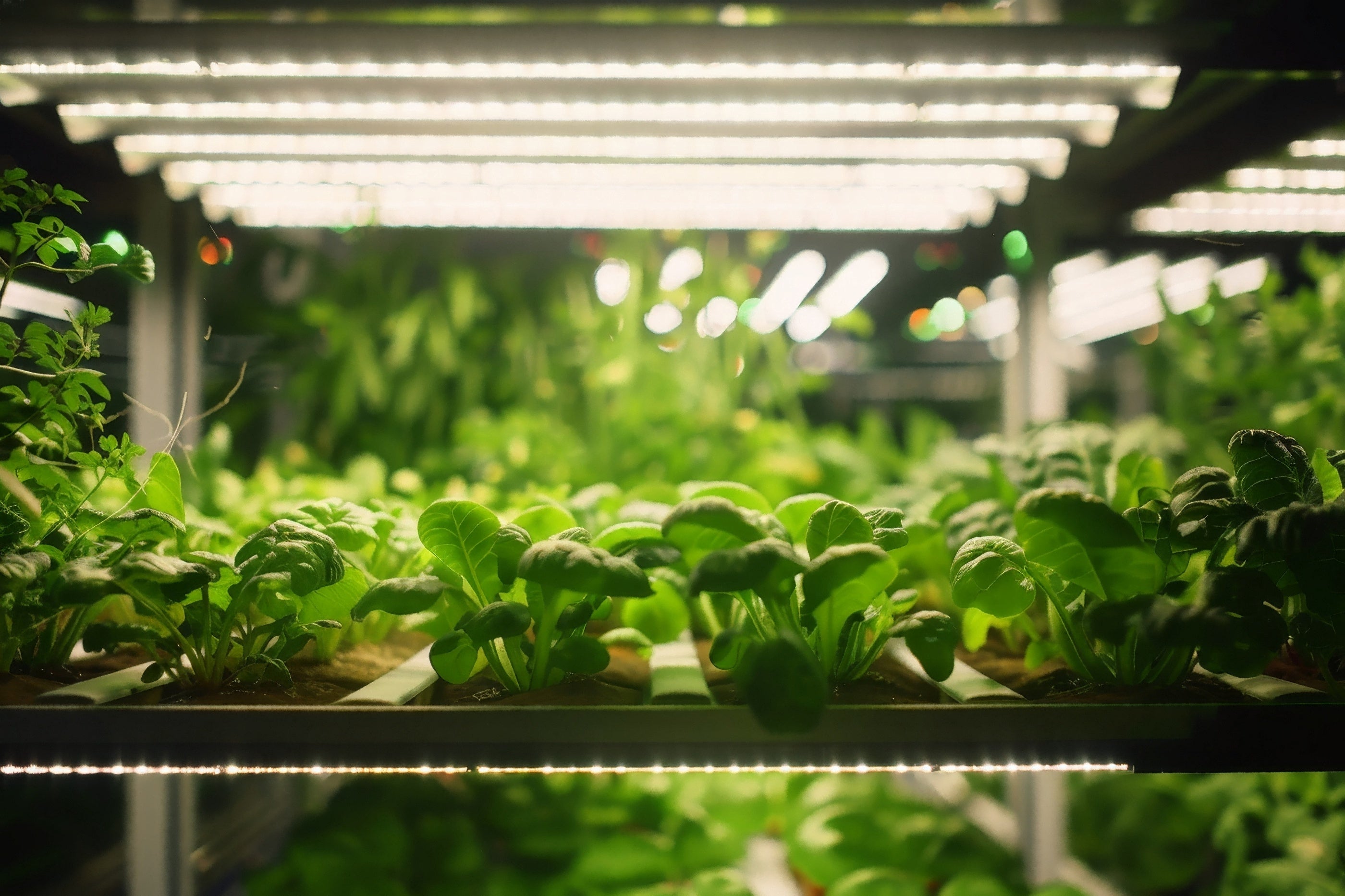 Grown plants under LED lights in a controlled environment