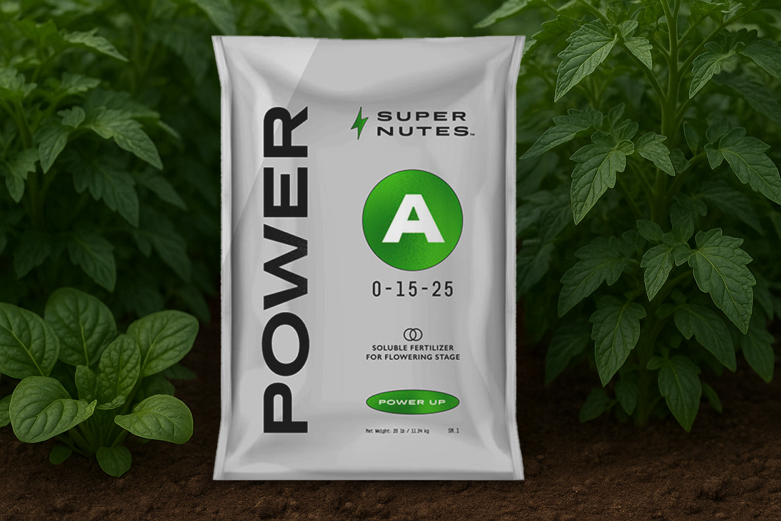 Super Nutes Power A fertilizer packet with plants in the background