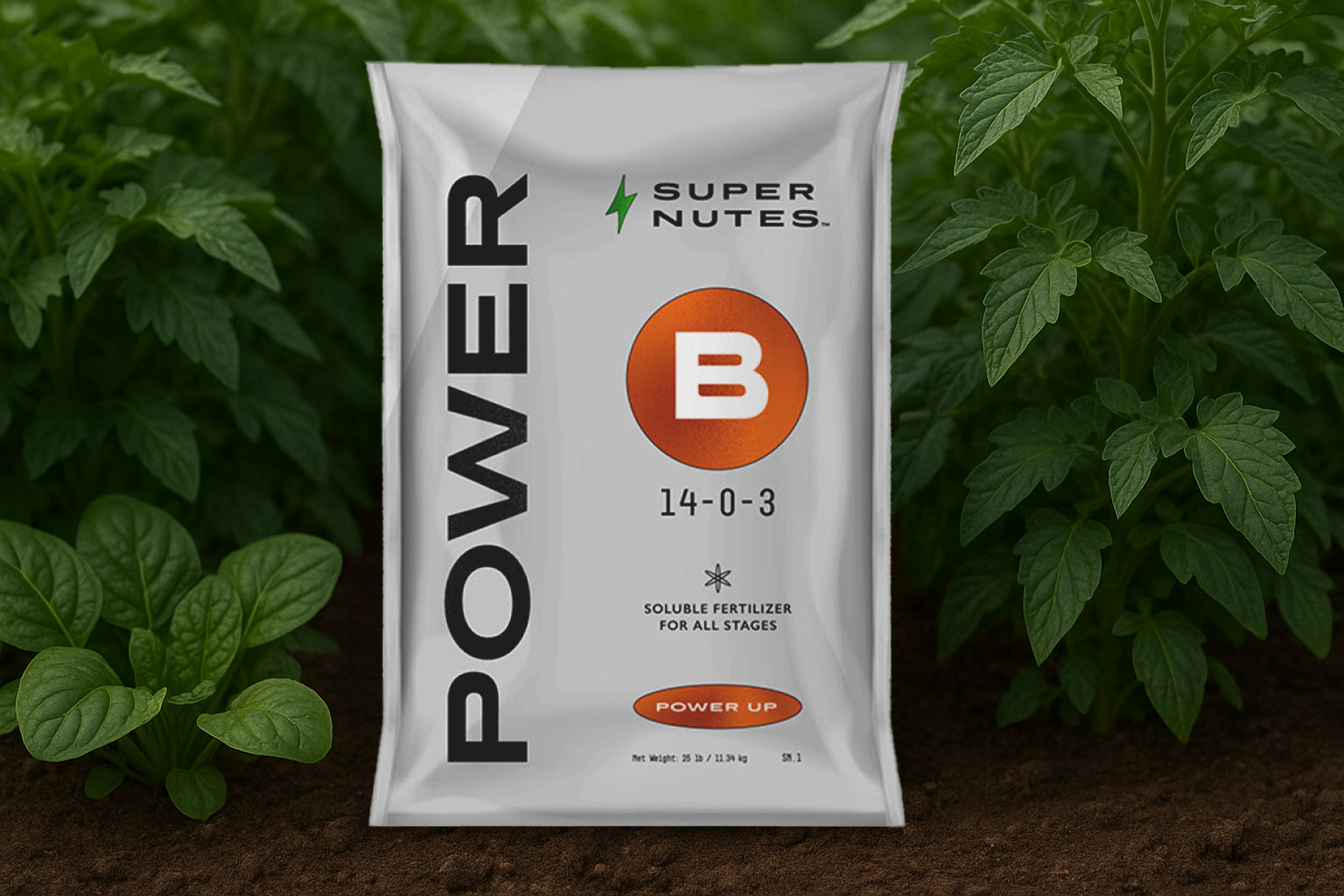 Super Nutes fertilizer packet with plant in the background