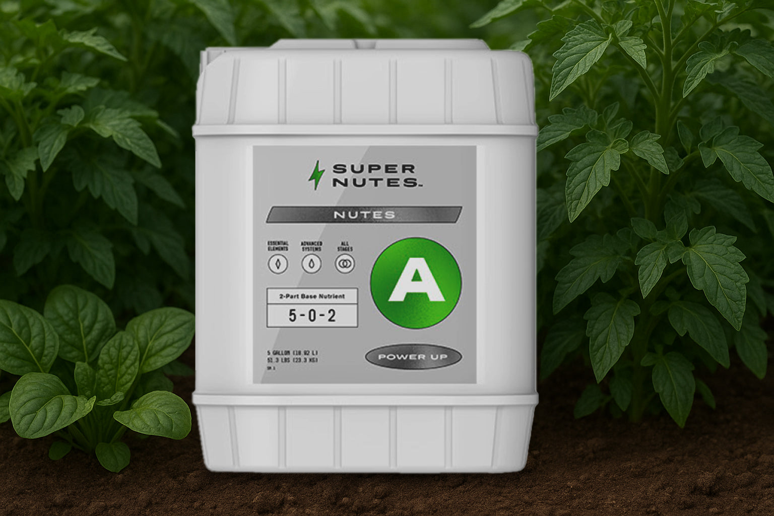 Super Nutes fertilizer container with plants in the background