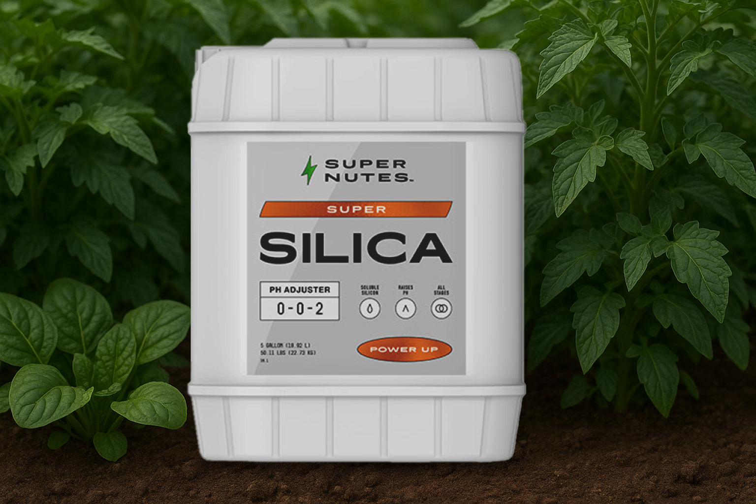 Super Nutes Super Silica container with plants in the background