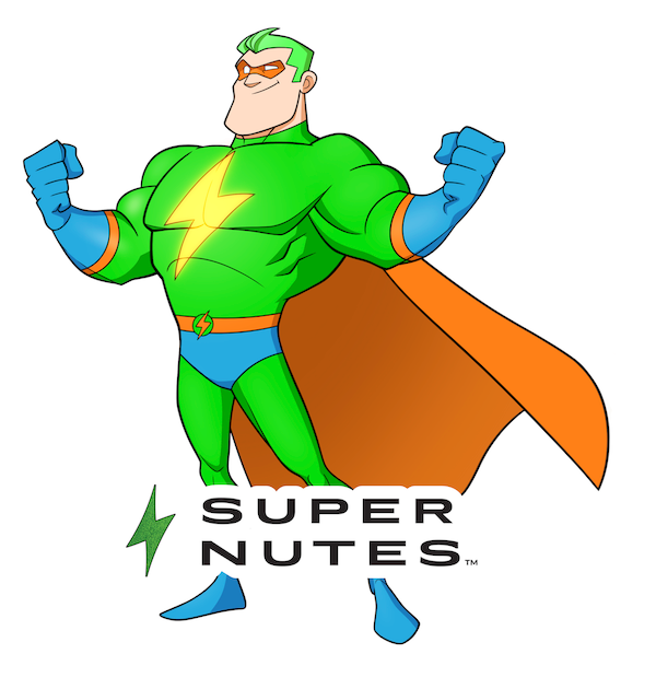 Superhero character in green costume with a yellow lightning bolt emblem, orange cape, and blue gloves on a white background with 'Super Nutes' logo.