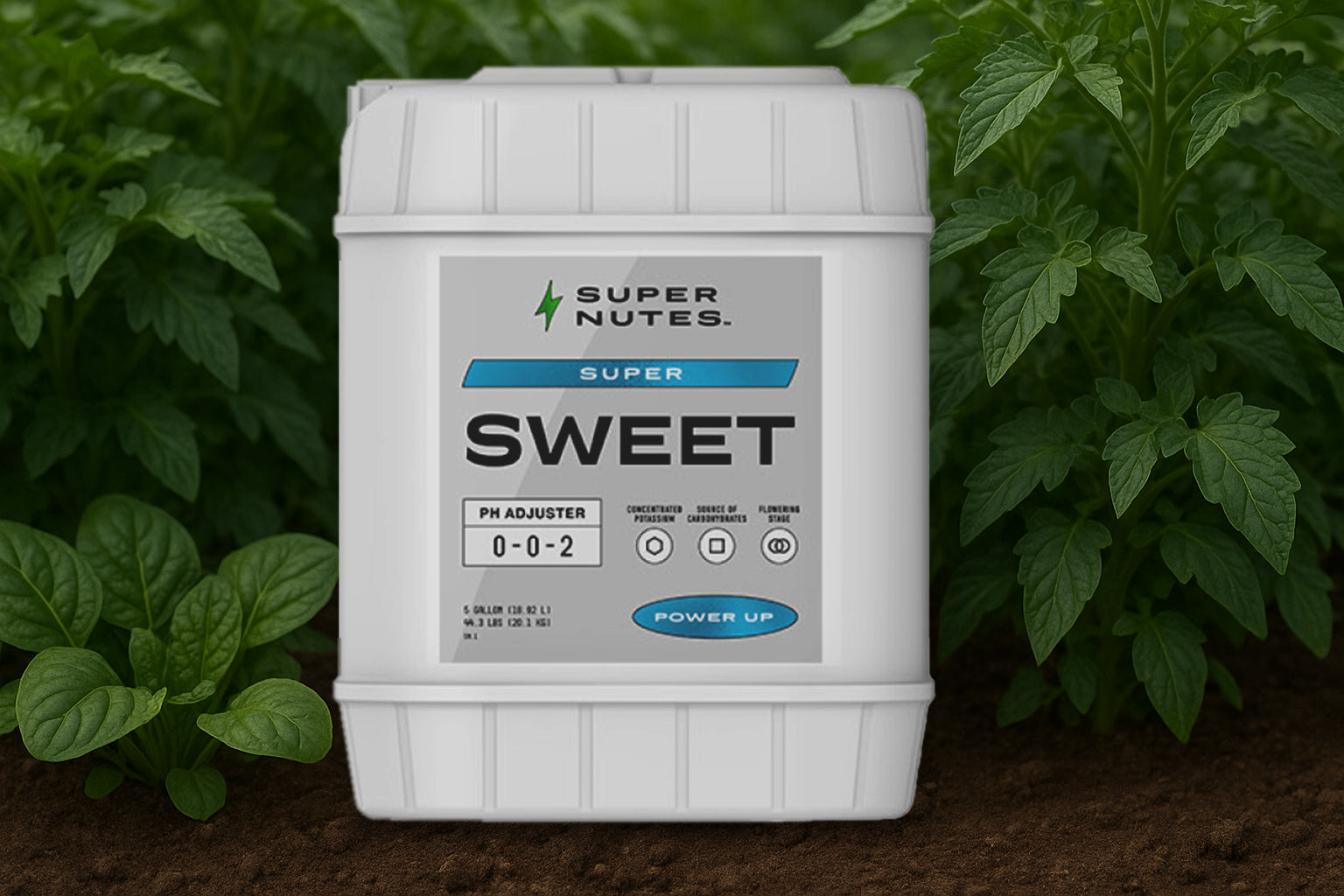 Super Nutes Super Sweet pH adjuster container with plants in the background