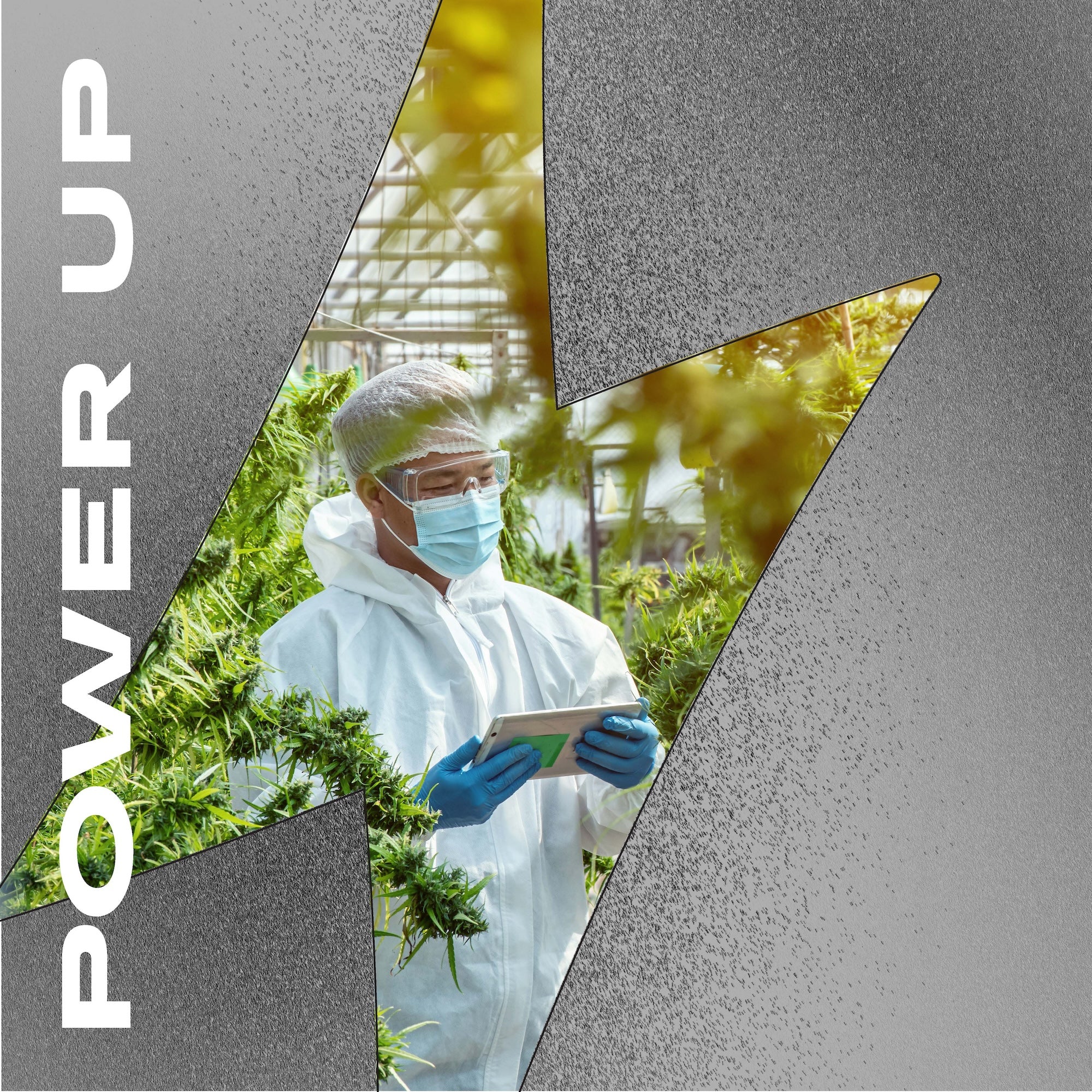 Person in a lab coat and mask inspecting plants with 'POWER UP' text on a gray background