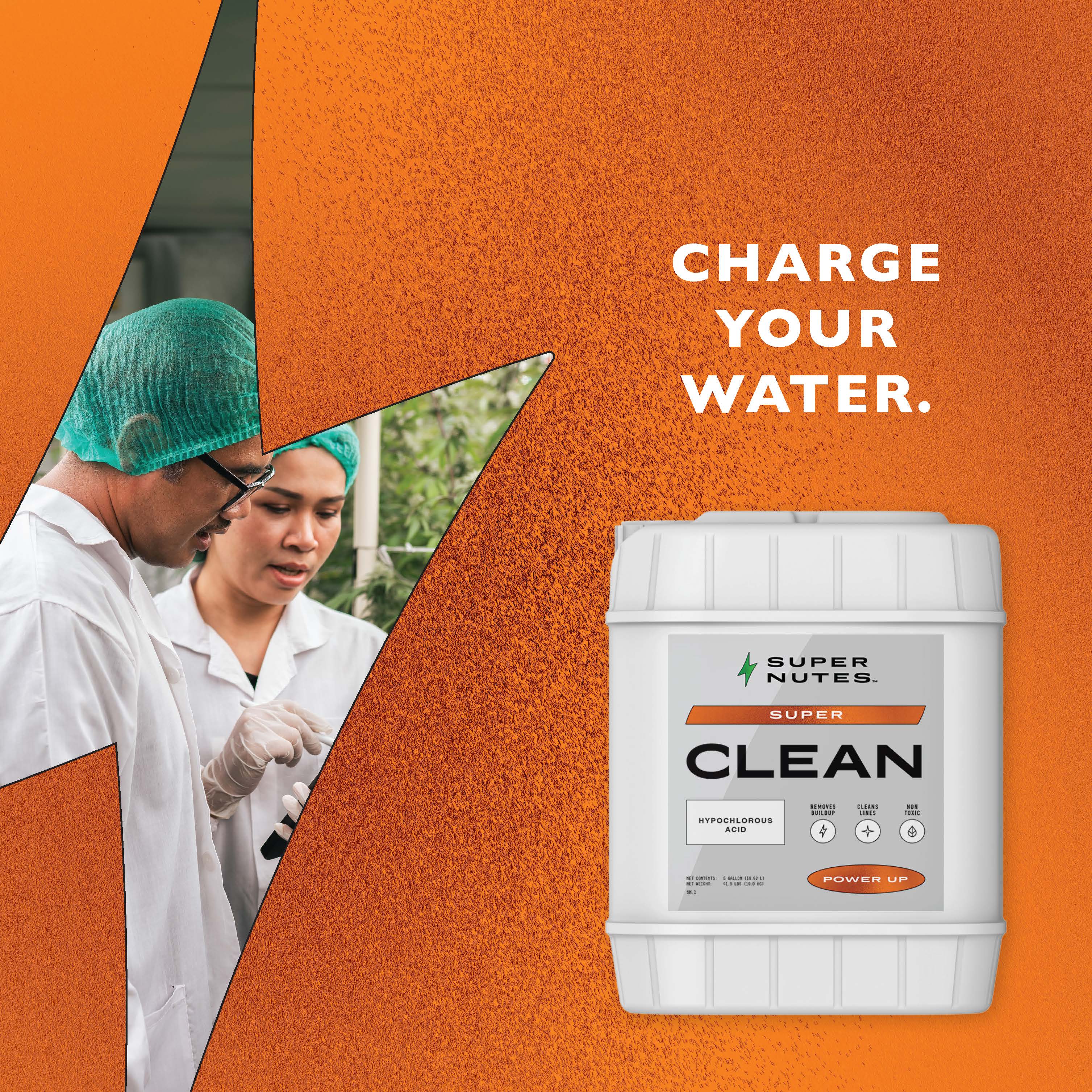 Super Nutes Super Clean product with scientists in the background on an orange background