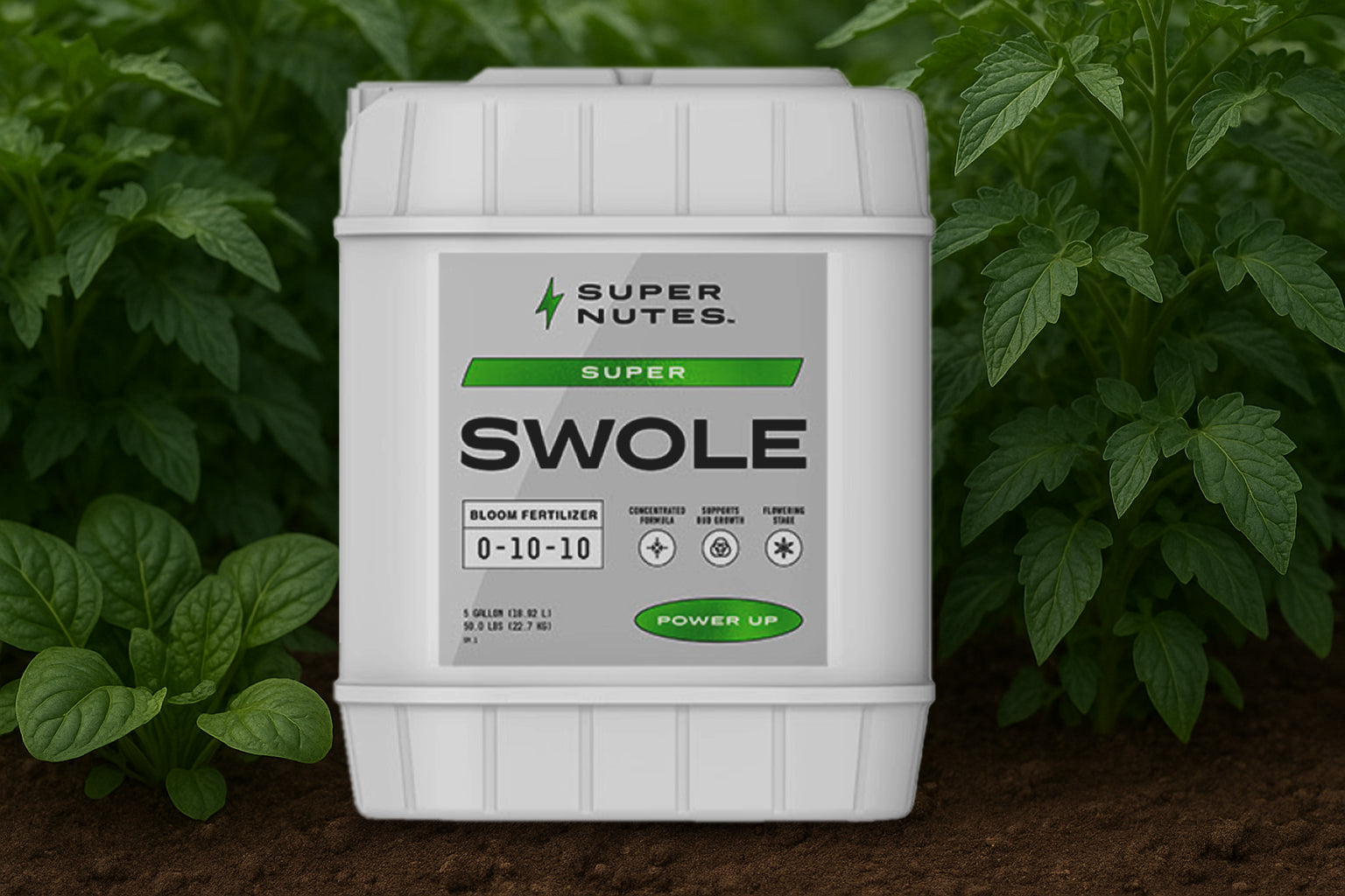 Super Nutes Swole fertilizer container with plants in the background