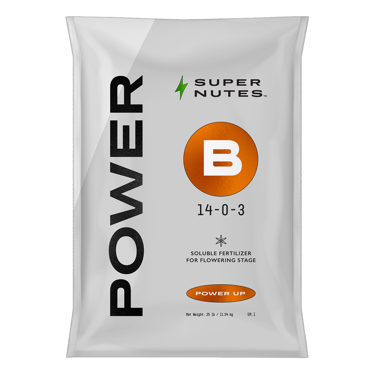 A bag of Supernutes Power B fertilizer with a white and orange color scheme and branding information.