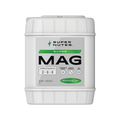 A 5-gallon container of Supernutes Super Mag, a nutrient management product for plants.