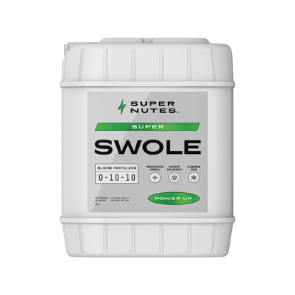 A 5-gallon container of Supernutes Super Swole fertilizer with a white label, primarily designed for the flowering stage of plant growth.