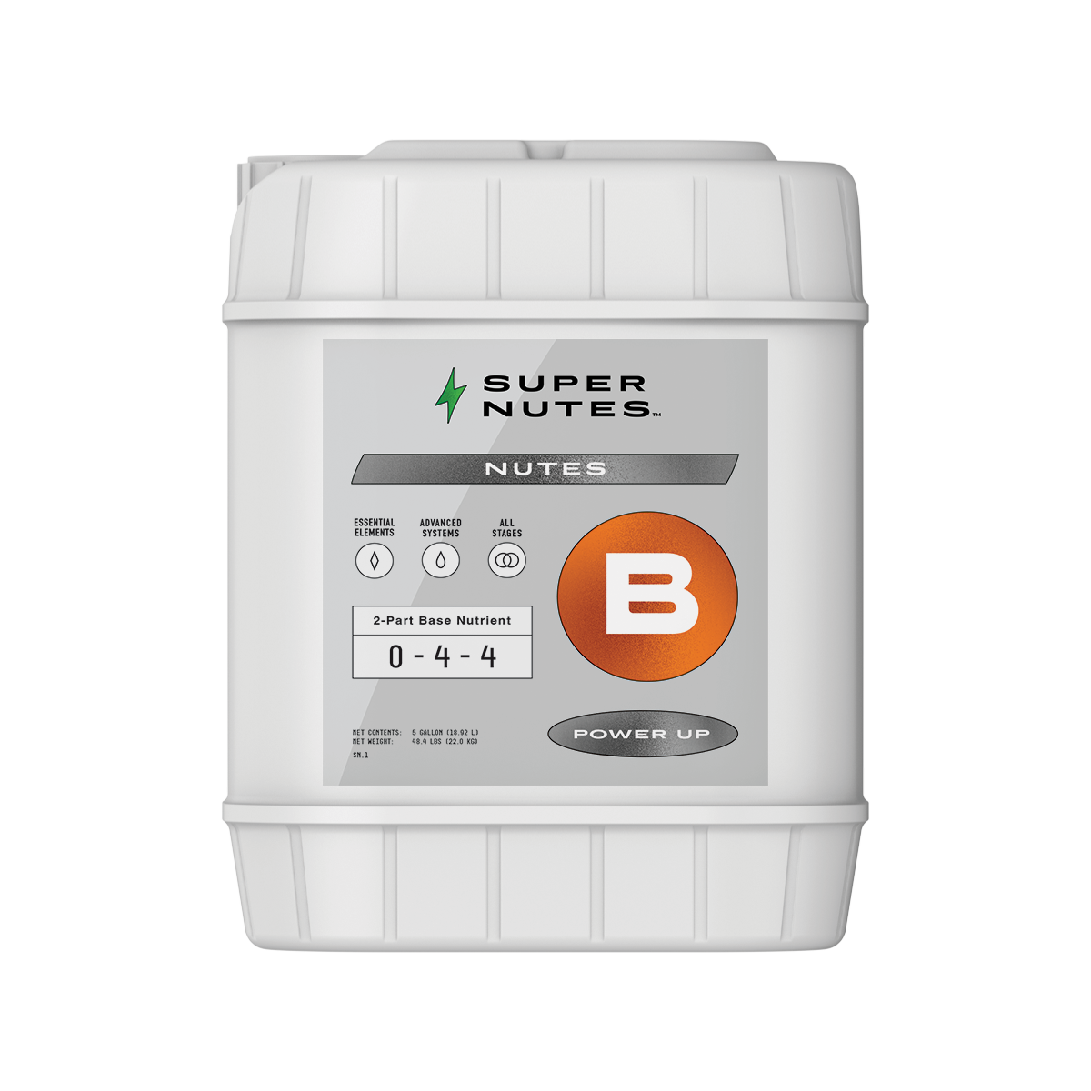 A 5-gallon container of Super Nutes Power B, a base nutrient for hydroponics or soilless mix, with product information and branding on the label.