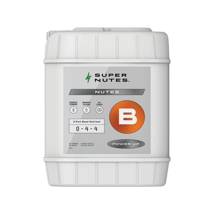 A 5-gallon container of Super Nutes Power B, a base nutrient for hydroponics or soilless mix, with product information and branding on the label.