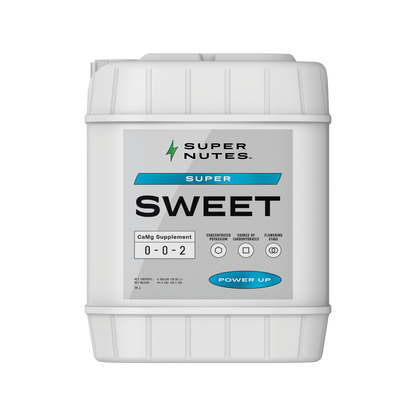 A 5-gallon container of Supernutes Super Sweet, a liquid fertilizer designed for professional use in gardening.