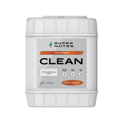 A 5-gallon container of Supernutes Super Clean, a mild acid solution for removing mineral buildup in hydroponic systems.