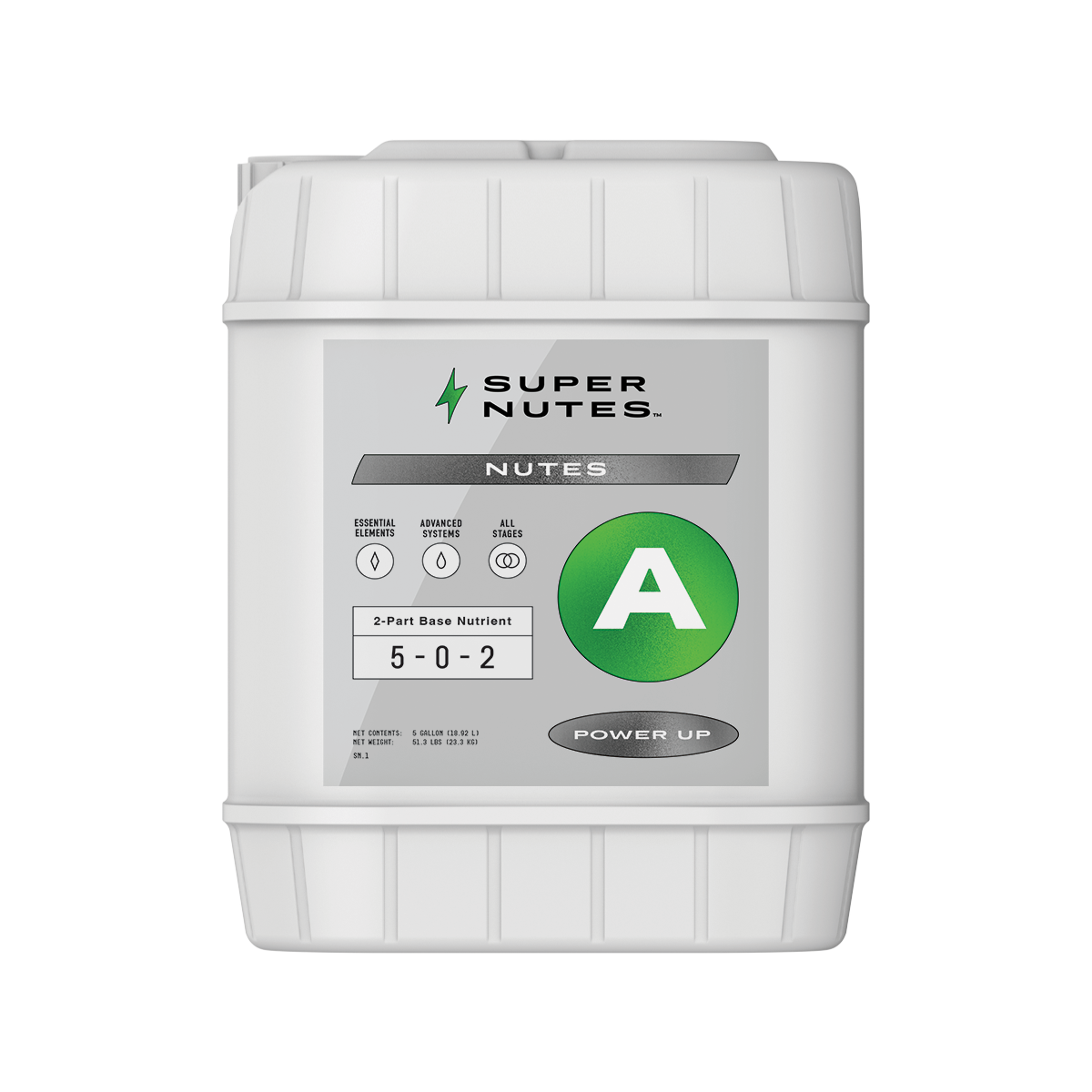 A 5-gallon container of Super Nutes Power A, a base nutrient for hydroponics or soilless mix, with product information and branding on the label.