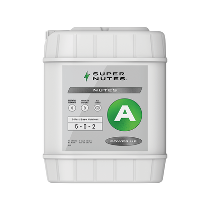 A 5-gallon container of Super Nutes Power A, a base nutrient for hydroponics or soilless mix, with product information and branding on the label.