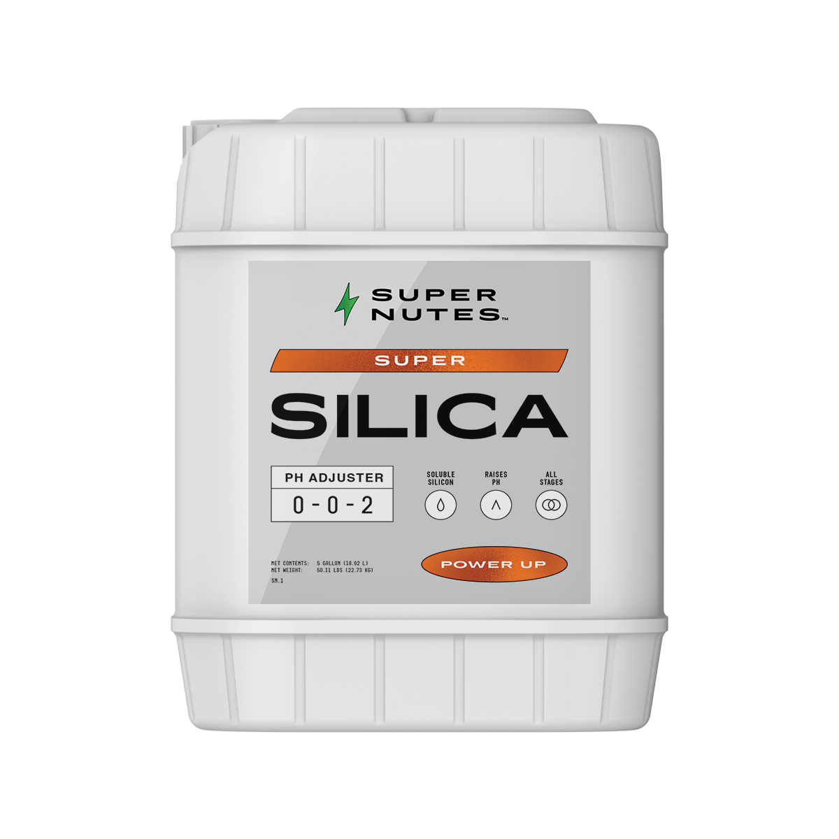 A 5-gallon container of Supernutes Super Silica with a white body and product information label.