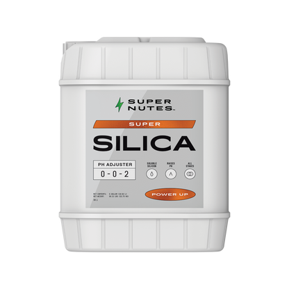 A 5-gallon container of Supernutes Super Silica with a white body and product information label.