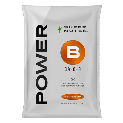 A bag of Supernutes Power B fertilizer with a white and orange color scheme and branding information.