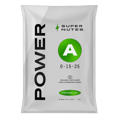 A bag of Supernutes Power A fertilizer, predominantly white with green and black text, indicating it is a product for the flowering stage of plant growth.